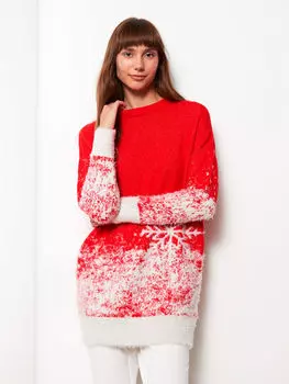 Женская туника большого размера с круглым вырезом и длинными рукавами в рождественской тематике LCW Modest