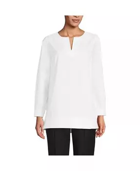 Женская туника из эластичной ткани с длинными рукавами и разрезом на шее Lands' End, белый