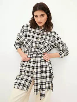 Женская туника из хлопка с воротником-рубашкой и карманом с длинным рукавом LCW Casual