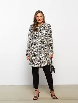 Женская туника из поплина с круглым вырезом и длинными рукавами LCW Grace, черный с принтом