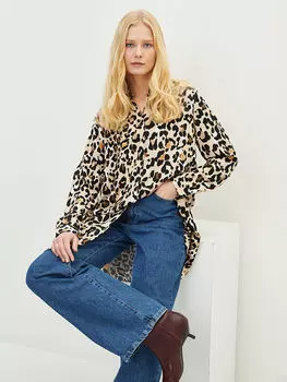 Женская туника из поплина с воротником-стойкой и узором с длинными рукавами LCWAIKIKI Classic