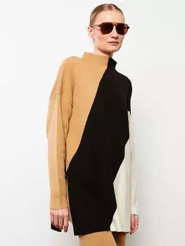 Женская туника из трикотажа с длинным рукавом и воротником-стойкой с цветными блоками LCWAIKIKI Classic