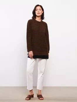 Женская туника оверсайз в полоску с круглым вырезом и длинными рукавами LCWAIKIKI Classic, светло-коричневый в полоску