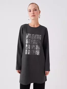 Женская туника с длинным рукавом и круглым вырезом с принтом LCWAIKIKI Classic, антрацит меланж