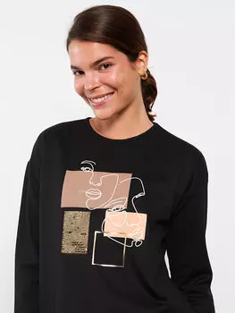 Женская туника с длинным рукавом и круглым вырезом с принтом LCWAIKIKI Classic, новый черный