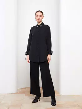 Женская туника с длинным рукавом и воротником рубашки с вышивкой камнями LCW Modest