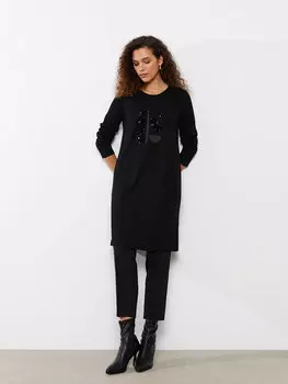 Женская туника с длинным рукавом и вышивкой с круглым вырезом и пайетками LCWAIKIKI Classic, новый черный