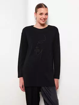 Женская туника с длинным рукавом и вышивкой камнями с круглым вырезом LCWAIKIKI Classic