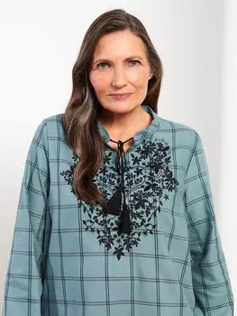 Женская туника с длинным рукавом и вышивкой на воротнике с галстуком LCW Grace