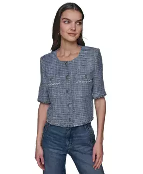 Женская твидовую куртка с коротким рукавом и бахромой KARL LAGERFELD PARIS, синий