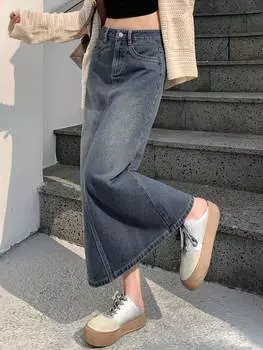 Женская юбка А-силуэта DAZY, длинная, джинсовая, средний джинсовый цвет.