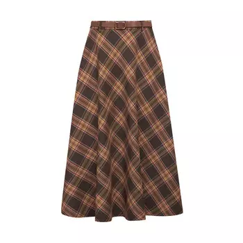 Женская юбка-колокол Deep Breath средней длины в британском стиле с поясом, зелено-синяя сетка