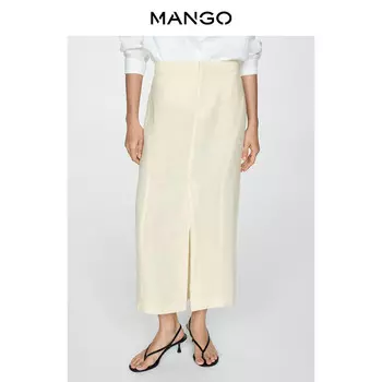 Женская юбка Mango льняная с разрезом, светло-желтый