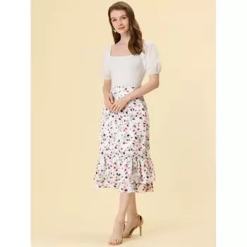 Женская юбка-миди с эластичной резинкой на талии и оборками на талии с цветочным принтом ALLEGRA K