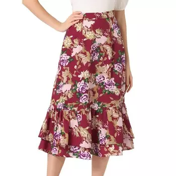 Женская юбка-миди с эластичной резинкой на талии и оборками на талии с цветочным принтом ALLEGRA K, цвет Dark Red Floral