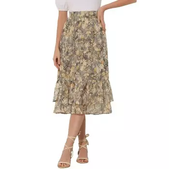 Женская юбка-миди с эластичной резинкой на талии и оборками на талии с цветочным принтом ALLEGRA K, цвет Light Grey Floral