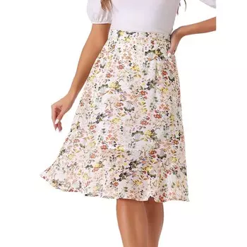 Женская юбка-миди с рюшами и эластичной резинкой на талии с цветочным принтом и разрезом на талии ALLEGRA K, белый