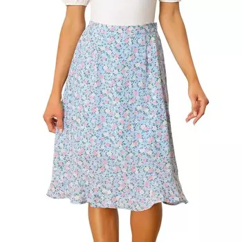 Женская юбка-миди с рюшами и эластичной резинкой на талии с цветочным принтом и разрезом на талии ALLEGRA K, цвет Light Blue