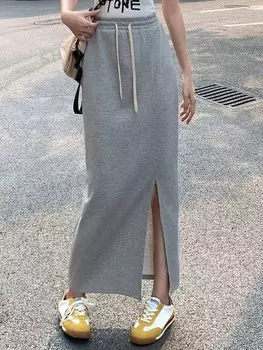 Женская юбка с кулиской на талии и разрезом по бокам Прямая юбка-карандаш Dazy, светло-серый