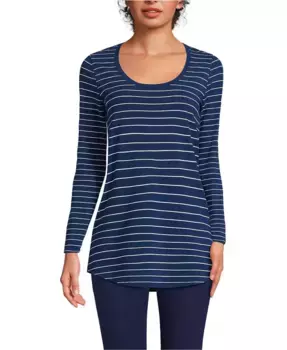 Женская удлиненная футболка с длинным рукавом Power Performance, круглым вырезом и фигурным подолом Lands' End, синий