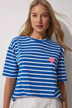 Женская удобная футболка с сине-белой вышивкой в виде сердца Happiness stanbul, синий