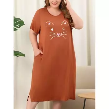 Женская удобная пижама больших размеров с милым кошачьим принтом и боковым карманом, ночная рубашка Agnes Orinda, серый