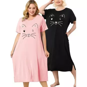 Женская удобная пижама больших размеров с милым принтом Moggy и боковым карманом, ночная рубашка Agnes Orinda, цвет Pink Black