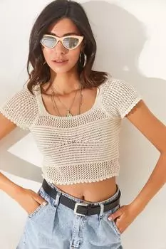 Женская укороченная ажурная хлопковая трикотажная блузка с короткими рукавами и камнями Olalook, серый