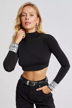 Женская укороченная блузка черного цвета с каменными рукавами Cool & Sexy, черный