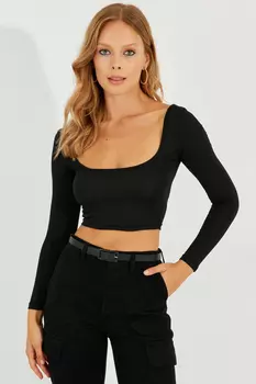 Женская укороченная блузка черного цвета с квадратным воротником Cool & Sexy, черный