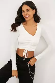 Женская укороченная блузка цвета экрю со сборками спереди B1744 Cool & Sexy