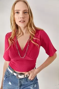Женская укороченная блузка цвета фуксии с V-образным вырезом и талией Olalook, розовый