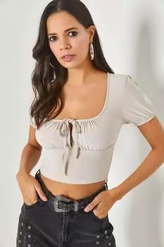 Женская укороченная блузка цвета песочного цвета с завязками в виде камня Olalook, серый