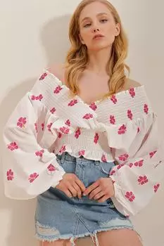 Женская укороченная блузка из хлопка и льна фуксии с v-образным вырезом и цветочным узором Trend Alaat Stili, розовый