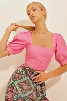 Женская укороченная блузка из кружевного поплина цвета фуксии с квадратным воротником и арбузными рукавами на спине Trend Alaat Stili, розовый