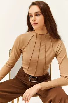 Женская укороченная блузка из лайкры с высоким воротником светло-коричневого цвета Olalook, коричневый