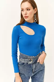 Женская укороченная блузка из лайкры Saks синего цвета с глубоким декольте Olalook, темно-синий