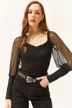 Женская укороченная блузка из тюля черного цвета с вырезом в форме сердца и рукавами черного цвета Olalook, черный