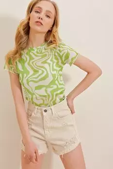 Женская укороченная блузка из тюля цвета яблока с круглым вырезом и узором Trend Alaat Stili, зеленый