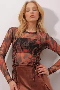 Женская укороченная блузка из тюля с круглым вырезом и завязками в виде птичьего глаза ALC-X9874 Trend Alaat Stili, оранжевый