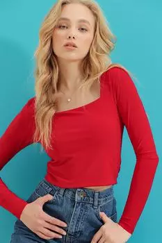 Женская укороченная блузка песочного цвета с красным квадратным воротником ALC-X9374 Trend Alaat Stili, красный