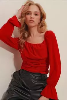 Женская укороченная блузка песочного цвета с красным квадратным воротником на талии и детальными рукавами с оборками Trend Alaat Stili, красный