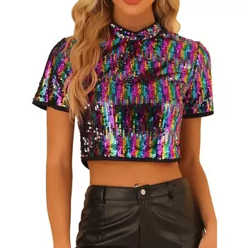Женская укороченная блузка с блестящим воротником-стойкой и короткими рукавами ALLEGRA K, цвет Rainbow
