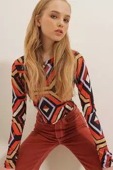 Женская укороченная блузка с круглым вырезом в стиле ретро с рисунком ALC-X7987 Trend Alaat Stili, разноцветный