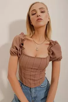 Женская укороченная блузка с квадратным вырезом карамельного цвета и арбузными рукавами Trend Alaat Stili, коричневый