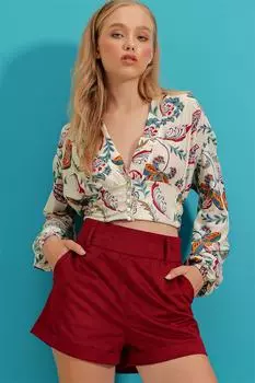 Женская укороченная блузка с рукавами принцессы цвета экрю с v-образным вырезом и пуговицами на талии ALC-X9234 Trend Alaat Stili