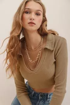 Женская укороченная блузка светло-коричневого цвета с воротником поло и мягкой текстурой ALC-X7322 Trend Alaat Stili, коричневый