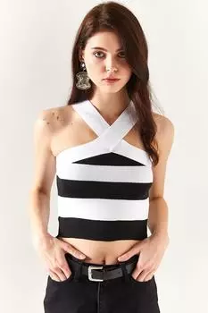 Женская укороченная блузка в полоску белого цвета с крестом Olalook, белый