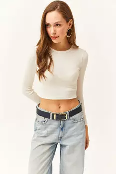 Женская укороченная блузка в рубчик цвета экрю с круглым вырезом Olalook