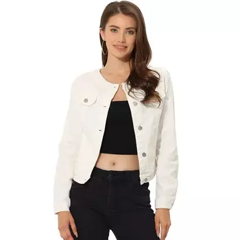 Женская укороченная джинсовая куртка без воротника на пуговицах с длинными рукавами ALLEGRA K, белый